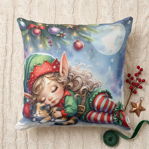 Schlafen Weihnachten Elf mit Calico Kitten Kissen