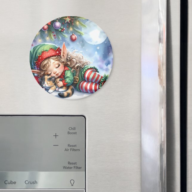 Schlafen Weihnachten Elf mit Calico Kitten Magnet (In Situ (Kühlschrank))