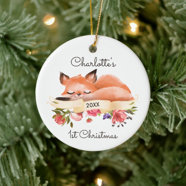 Schlafen Woodland Fox Personalisiert Baby's 1st Xm Keramik Ornament (Baum)