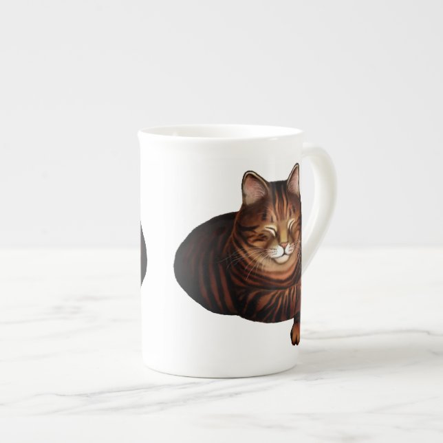 Schlafenbrown Tabby-Katzen-Knochen-China-Tasse Prozellantasse (Vorderseite Rechts)