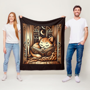 Schlafende Art Deco Stil Katze mit einem Buch Fleecedecke
