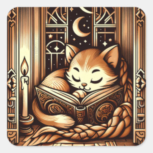Schlafende Art Deco Stil Katze mit einem Buch Quadratischer Aufkleber
