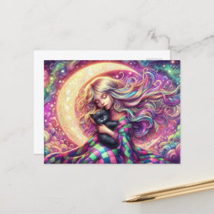 Schlafende Crescent Mond Girl mit schwarzer Katze Postkarte