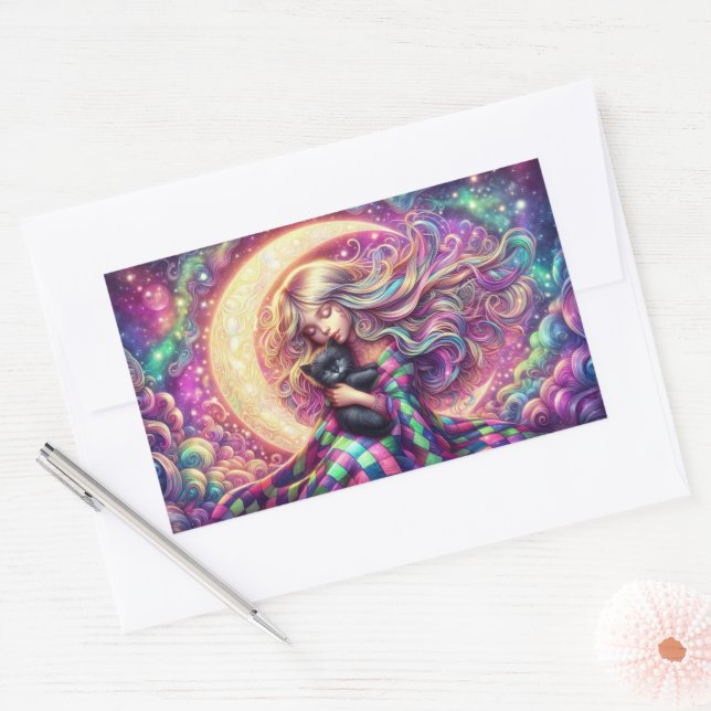 Schlafende Crescent Mond Girl mit schwarzer Katze Rechteckiger Aufkleber (Umschlag)