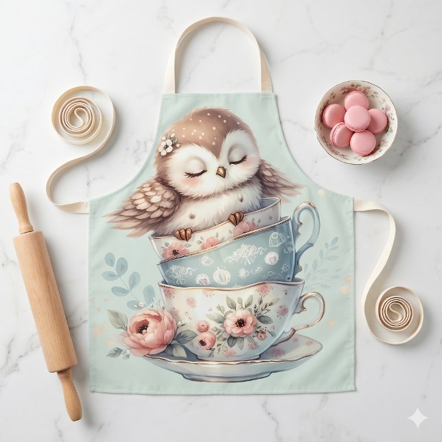 Schlafende Eule in gestapelten Blumen-Teetassen Schürze (Sleeping Owl in Stacked Floral Teacups Apron)