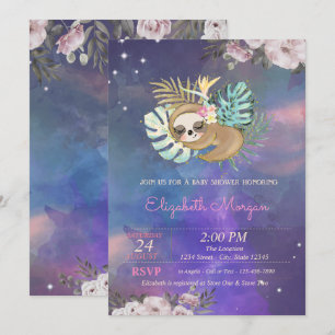 Schlafende Faultier-Blumen-Watercolor-Baby-Party Einladung