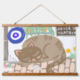 Schlafende griechische Taverne Katze mediterrane S Wandteppich Mit Holzrahmen