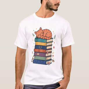 Schlafende Katze auf Büchern Illustration T-Shirt