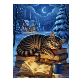 Schlafende Katze auf Büchern Winter Nacht Poster