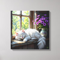Schlafende Katze auf der Fensterbank | Lila Blumen