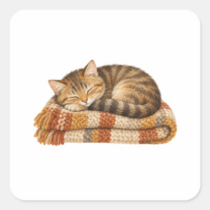 Schlafende Katze auf einer gestrickten Decke Quadratischer Aufkleber