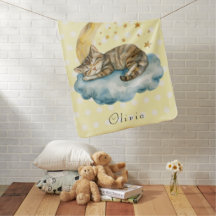 Schlafende Katze auf einer Wolke mit Mond und Ster