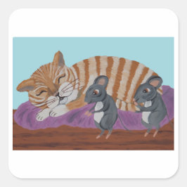Schlafende Katze mit hinterlistigen Mäusen Quadratischer Aufkleber