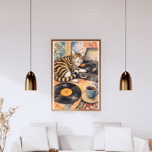 Schlafende Katze mit Vinyl-Plattenspieler – Vintag Poster