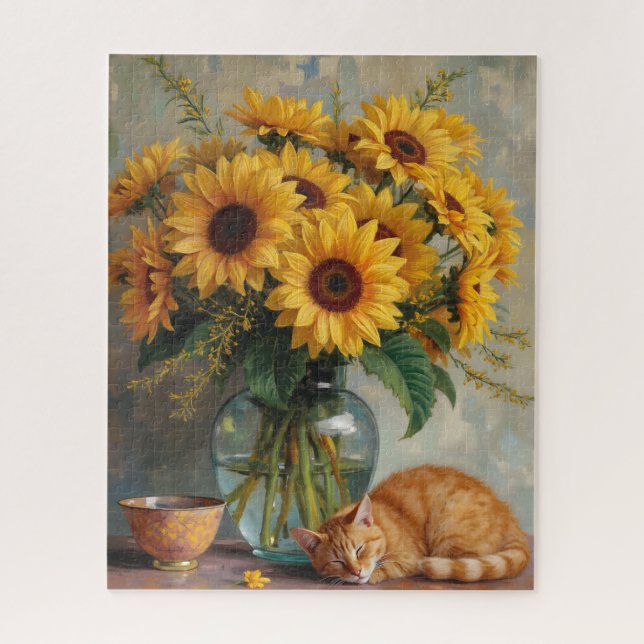 Schlafende Katze und Sonnenblumen Puzzle (Vertikal)