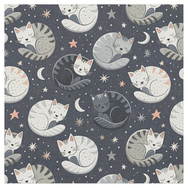 Schlafende Katzen Sternhimmel-Muster - Kinderdesig Stoff (Nahaufnahme)