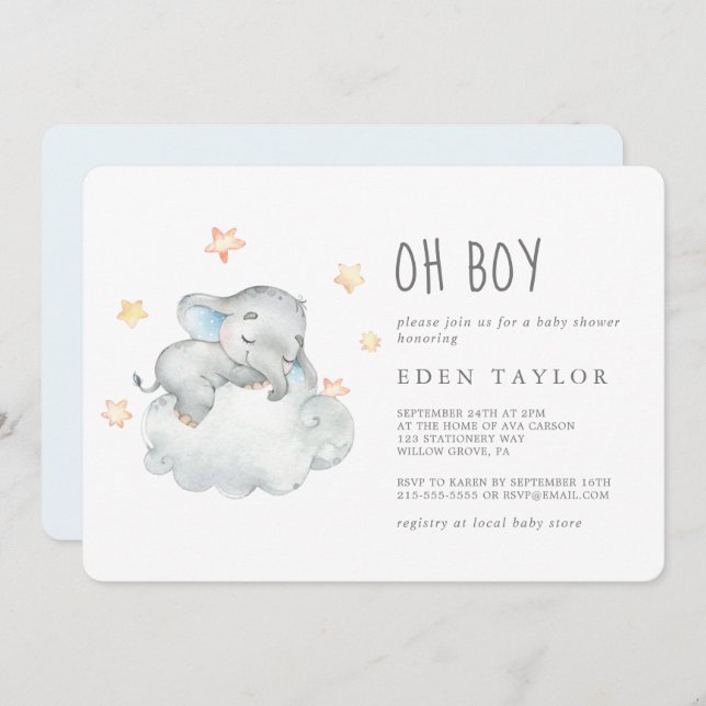 Schlafende kleine Elefant Oh Boy Baby Dusche Einladung (Vorne/Hinten)