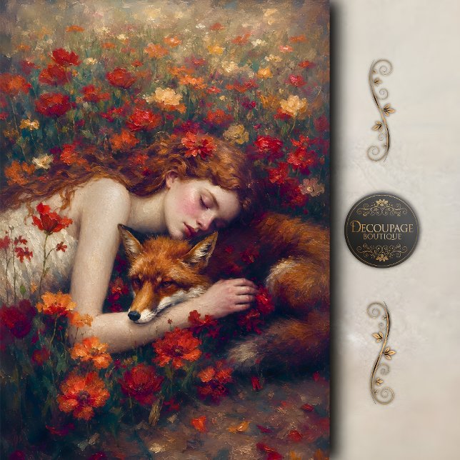Schlafende Maid und Fuchs-Dekoupage Seidenpapier (Sleeping Maiden and Fox Decoupage Tissue Paper)