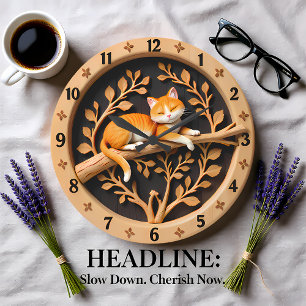 Schlafende orange getigerte Katze Blatt Große Wanduhr