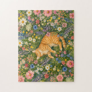 Schlafende orange Katze in Wildblumen Puzzle | Was