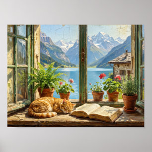 Schlafende rote Katze auf alpinem Fensterbrett Poster