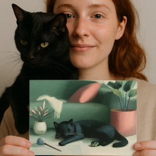 Schlafende schwarze Katze / Katzenminze Träume Postkarte