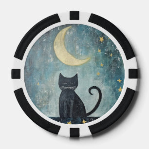 Schlafende schwarze Katze mit zunehmendem Mond und Pokerchips