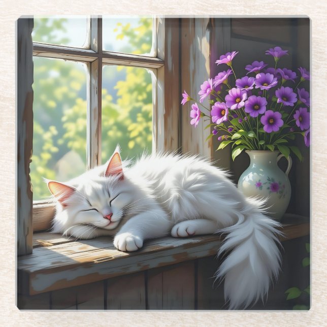 Schlafende weiße Katze und violette Blumen  Glasuntersetzer (Vorderseite)