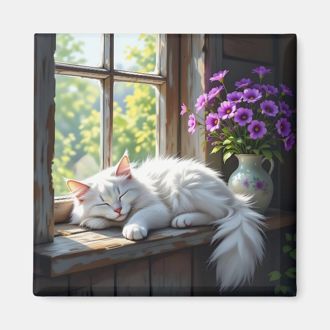 Schlafende weiße Katze und violette Blumen  Magnet (Vorne)