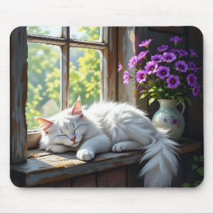 Schlafende weiße Katze und violette Blumen Mousepad