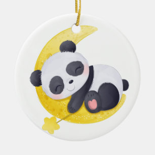 Schlafender Baby-Panda auf Mond-Wasserfarbe Keramik Ornament