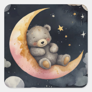 Schlafender Bär auf dem Mond Quadratischer Aufkleber