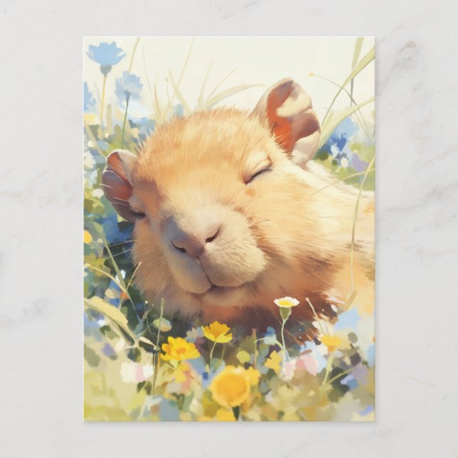 Schlafender Capybara auf einer Blumenwiese Postkarte (Vorderseite)