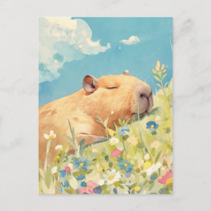 Schlafender Capybara auf einer bunten Wildblumenwi Postkarte