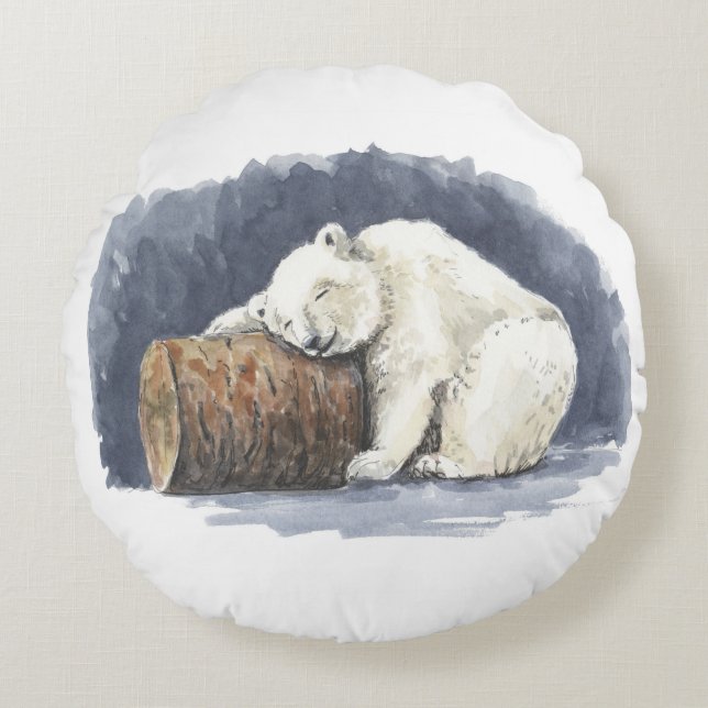 Schlafender Eisbär, Aquarellkunst Rundes Kissen (Vorderseite)