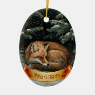 Schlafender Fuchs im Winterwald Keramik Ornament