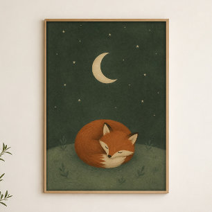 Schlafender Fuchs Mond Wasserfarben Himmelskunst P Poster