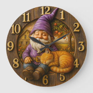 Schlafender Gnom & Katzenhäuschen Große Wanduhr
