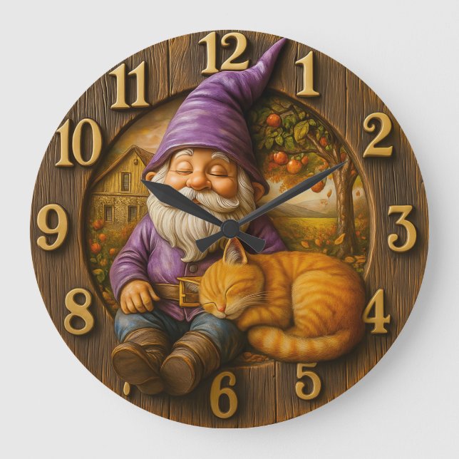 Schlafender Gnom & Katzenhäuschen Große Wanduhr (Vorderseite)