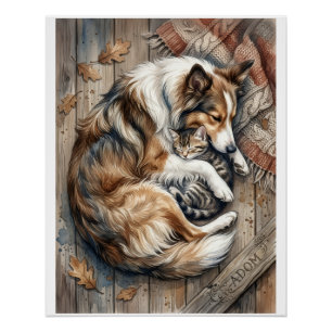 Schlafender Hund und kuschelnde Katze vor holziger Poster