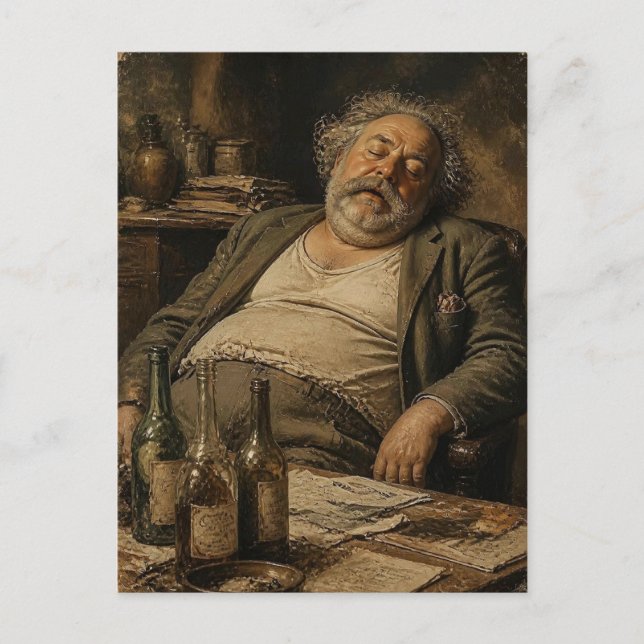 Schlafender Mann und Weinflaschen Postkarte (Vorderseite)