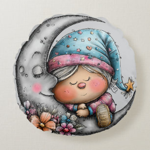 Schlafender Mond und Kind Rundes Kissen