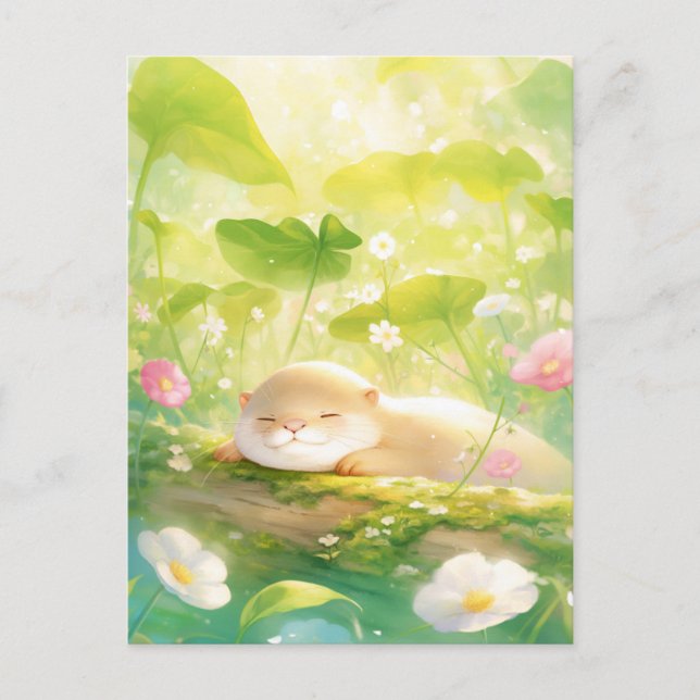 Schlafender Otter auf einem moosigen Sommerstamm Postkarte (Vorderseite)