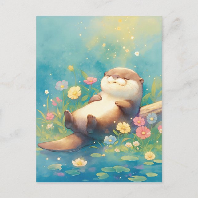 Schlafender Otter auf Sommerwiese Postkarte (Vorderseite)