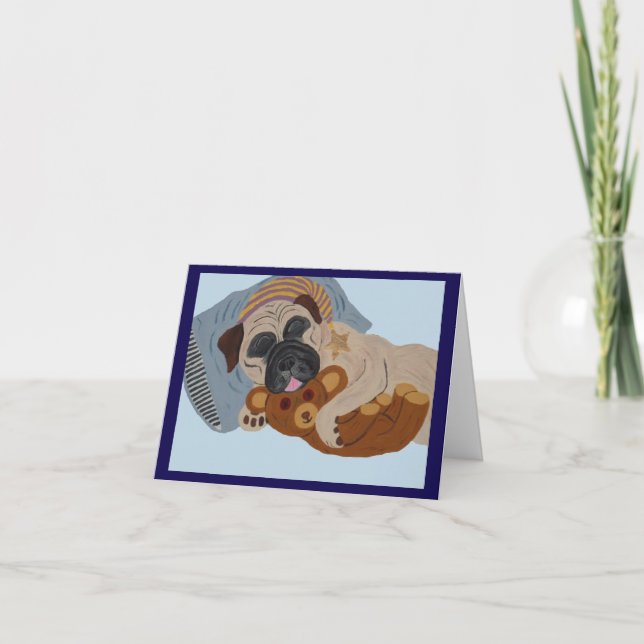 Schlafender Pug mit Teddybär Einladung (Vorderseite)