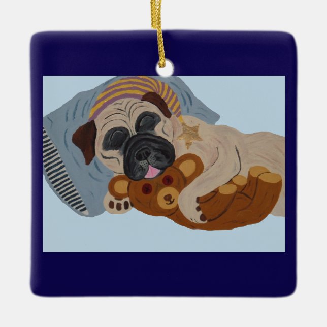 Schlafender Pug mit Teddybär Keramikornament (Vorderseite)
