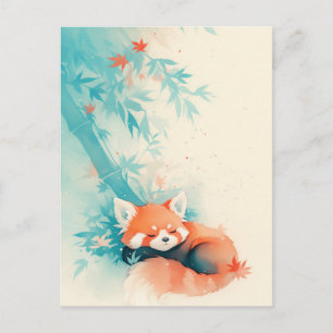 Schlafender Roter Panda unter blauem Bambus Postkarte