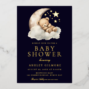 Schlafender Teddybär auf dem Mond Baby Shower Gold Folieneinladung