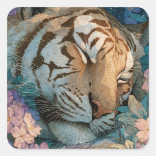 Schlafender Tiger in rosa und violettem Blumengart Quadratischer Aufkleber