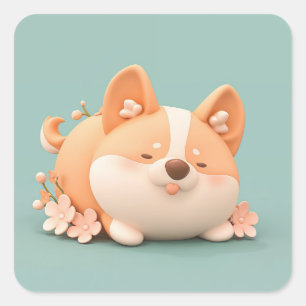 Schlafender Ton-Corgi mit rosa Blüte Quadratischer Aufkleber
